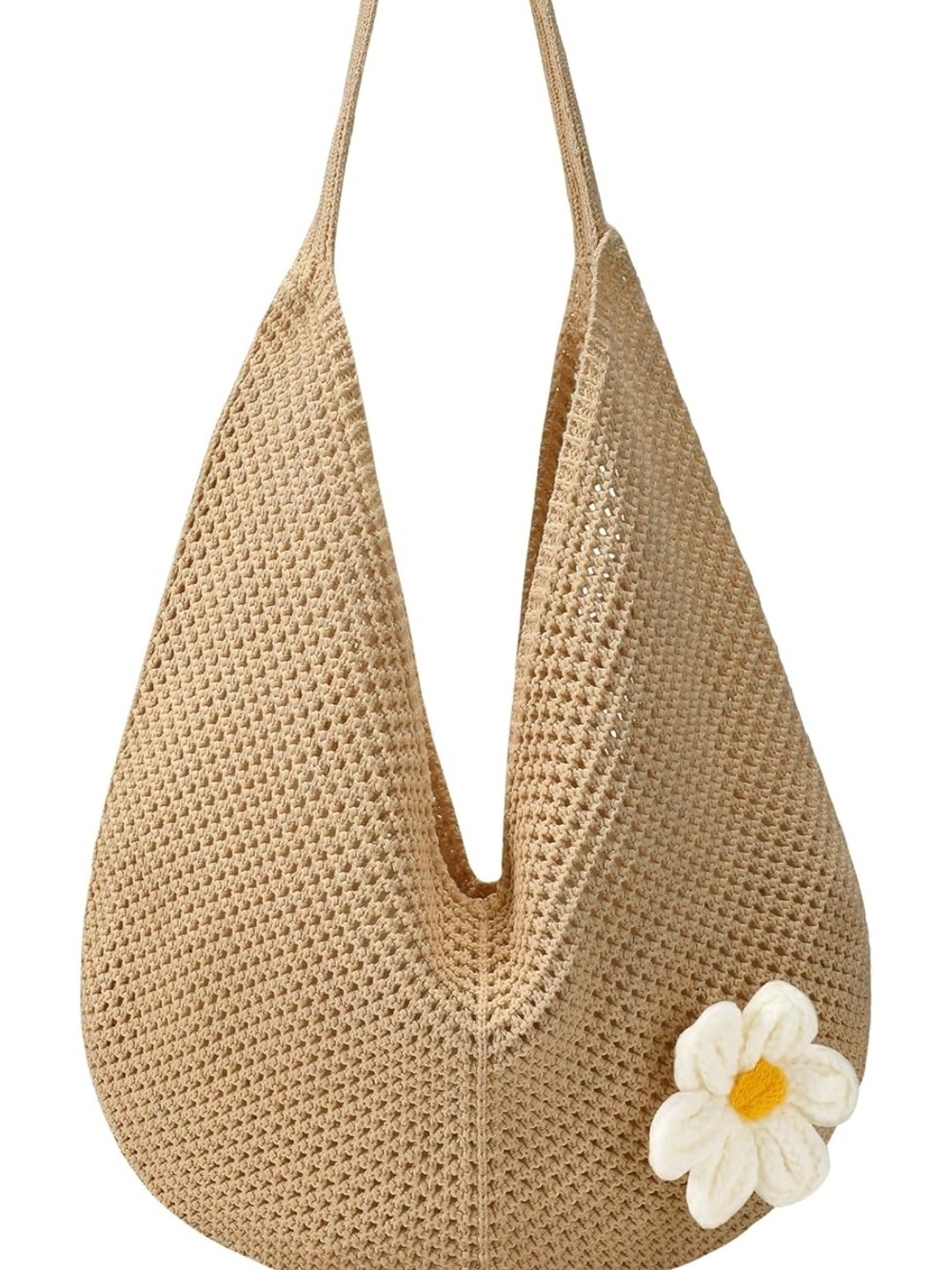 Beige Crochet Daisy-Accent Shoulder Bag